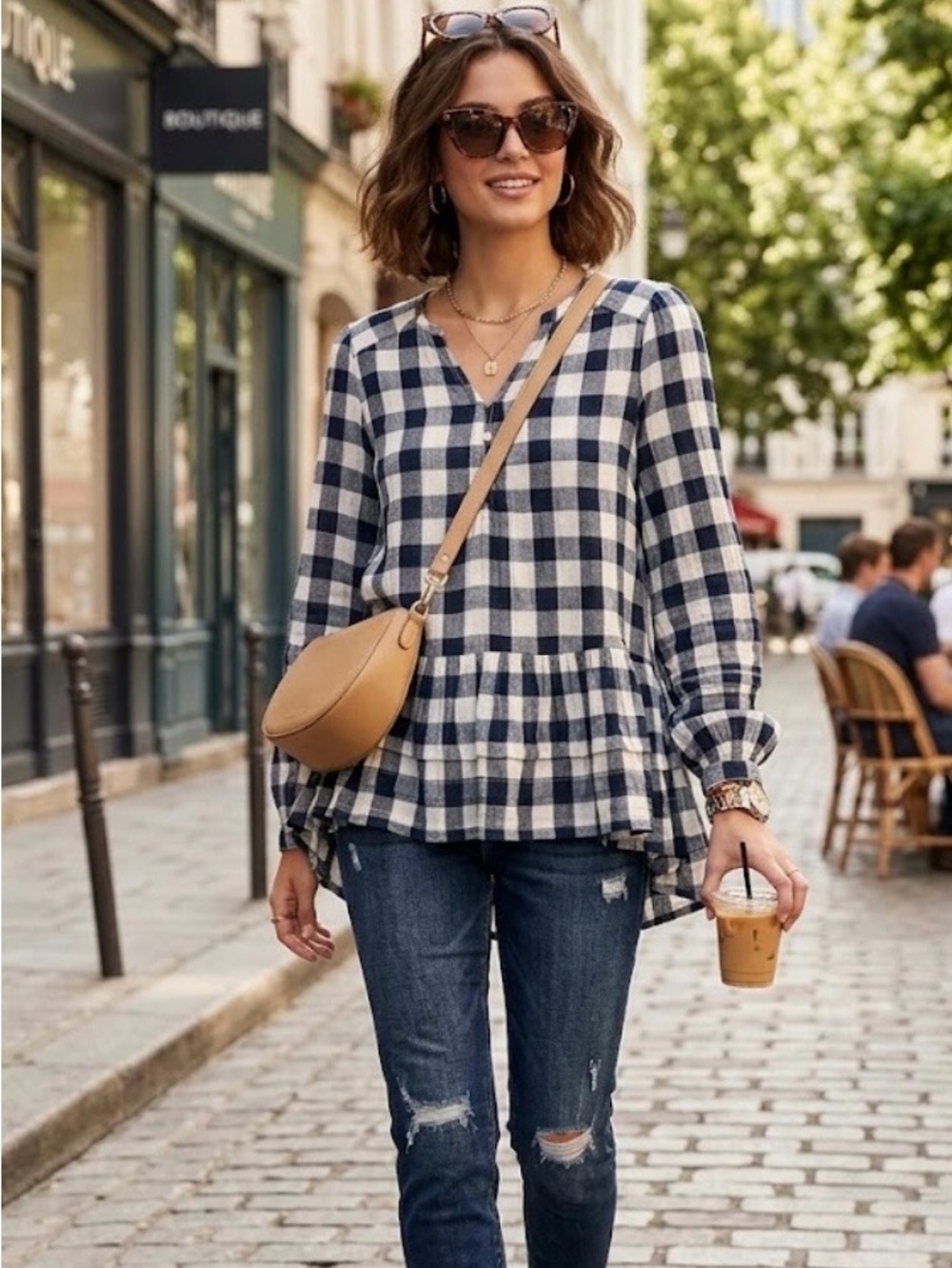American Eagle Outfitters Navy & White Plaid Peplum V-Neck Tunic